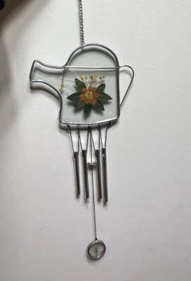 Watering Can Wind Chime Sun Catcher Pressed Flowers Glass Metal Cottage Whimsy - Image 1 of 4
