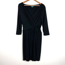 Lauren Ralph Lauren Dress 14 Black Sheath Faux Wrap V-Neck 3/4 Sleeve Flattering