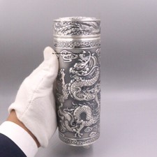 Pure S999 Fine Silver 999 Drinking Bottle Carved Dragon Travel /Coffee/Hot Tea