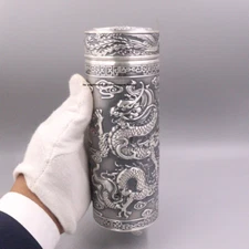 Pure S999 Fine Silver 999 Carved Dragon Travel /Coffee/Hot Tea Drinking Bottle