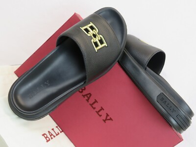 NIB BALLY JAXONS BLACK LEATHER B CHAIN GOLD LOGO SANDALS  display picture 2