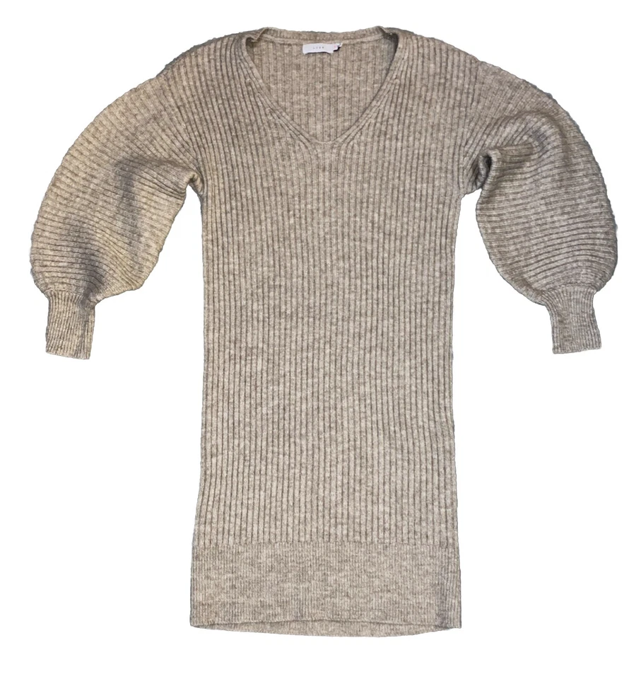 Exuberante Vestido Suéter Acanalado Manga Globo Muñeca Ceñida Cuello en V Talla Pequeña Foto 3 de 4