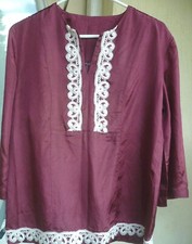 COSTUME RENISSANCE FESTIVAL BLOUSE SATIN M L LACE TRIM TUNIC BURGUNDY BROWN LADY