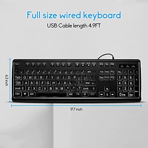 Large Print Backlit Keyboard, Quiet USB Wired Computer Keyboard, Full Size Ke...