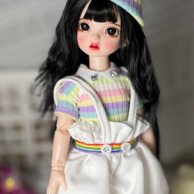 30cm 1/6 BJD Doll Cute Girl Dress Shoes Hat Outfits Black Curly Hair Full Set