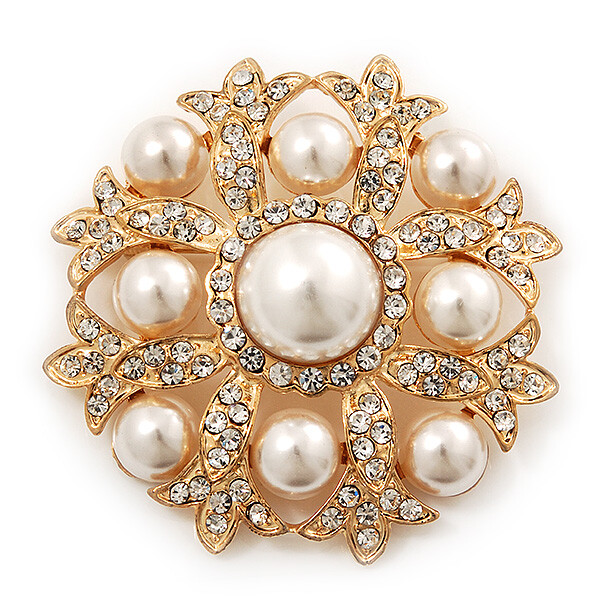 Bridal Diamante/ Simulated Pearl Corsage Brooch In Gold Plating - 5cm Diameter