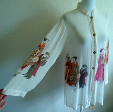 Vintage 70s CITRON Santa Monica Women's Asian Geisha Silk Blouse Print Size-XS