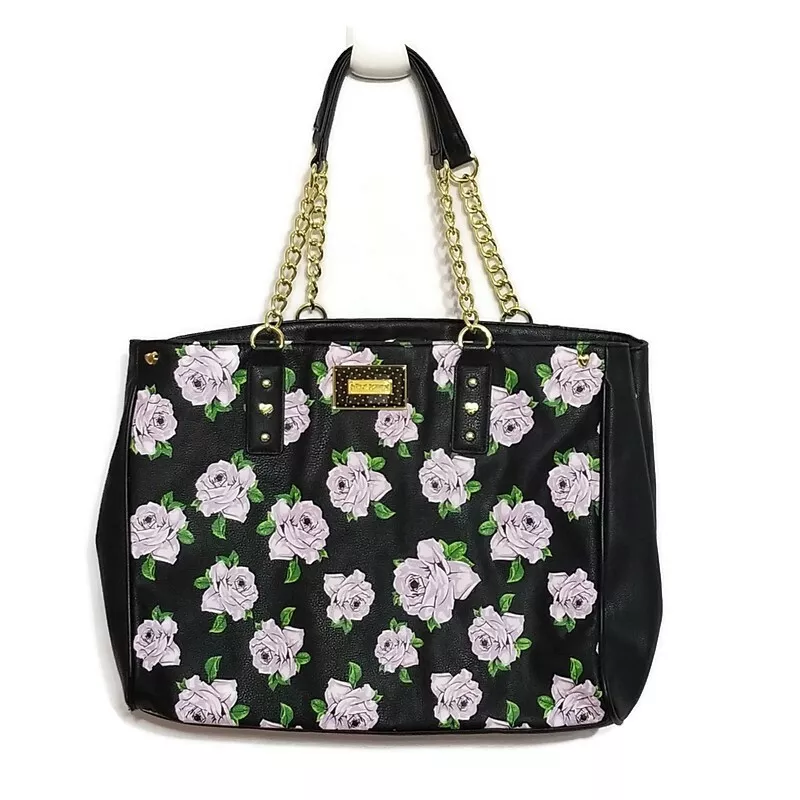 Betsey Johnson Floral Purple Rose Handbag Purse Chain Ropey Handles Hook  Closure