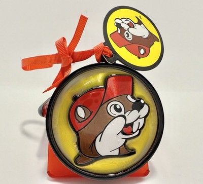 One Buc-ee's Bucees Foil Ornament with Yellow Logo & Red Ribbon Hanging Decor