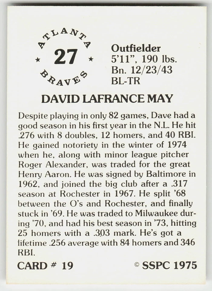 1976 SSPC #19 Dave May - Image 2 of 2