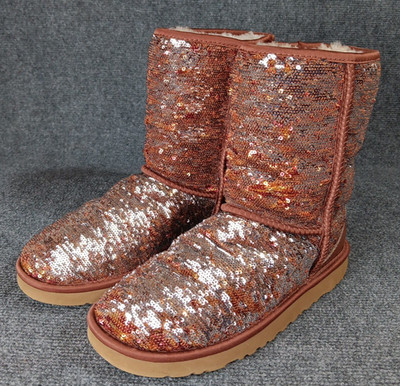 Ugg Boots Womens Brown Classic Short Sparkle Sequin Bling Sheepskin Lined Sz 8