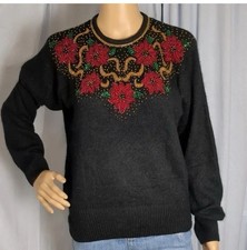 Vtg. Karen Scott Ladies Black Pullover Sweater Beaded Poinsettias Angora Sz PS