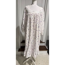 Eileen West Floral Flannel Nightgown White Pink Blue Lace Trim Pockets Large