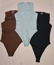 OQQ Womens L Ribbed Square Neck Sleeveless Bodysuit 3-Piece Black Brown Cyan