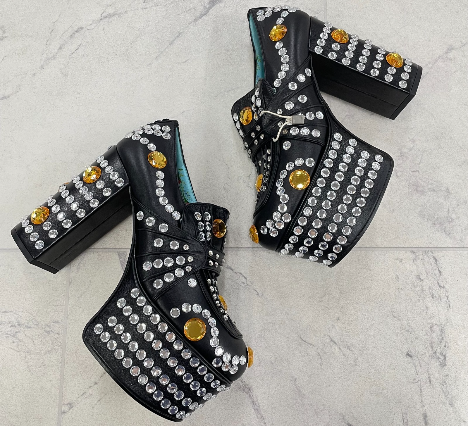 NIB $2,000 Gucci Amilna Crystal Platform Loafer Heel In Black Size: 37