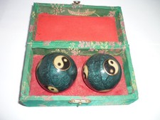 VTG Baoding Meditation Balls Green Cloisinne Yin Yang w Box Bells Health Calming