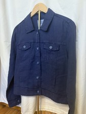 Tommy Bahama Two Palms Linen Raw Edge Jacket Womens Medium Blue Raw Hem Trucker