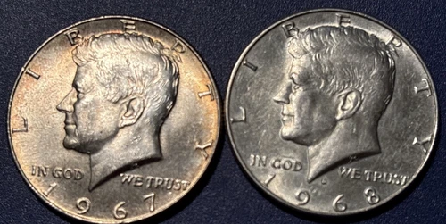 (2) KENNEDY 40% SILVER HALF DOLLARS 1967 & 1968D UNC Lot 2