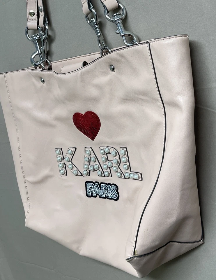Karl Lagerfeld Paris Shugg Faux Leather Novelty Tote Pearl Sequin Handbag Purse - Image 2 of 4