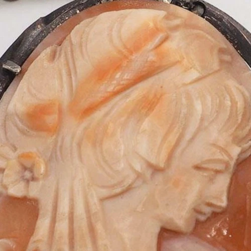 Antique .800 Silver Coral Shell Cameo Pendant & Necklace - Picture 2 of 6
