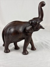 Vintage Carved Rosewood Elephant Figure Raised Curled Trunk Hand Carved India