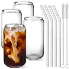 NETANY Drinking Glasses with Glass Straw 4pcs Set - 16oz Highball Glass Cups,...