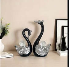 Schwan Deko Figuren 2er Set Schwarz Silber Kristallkugel Wohnzimmer Dekoration
