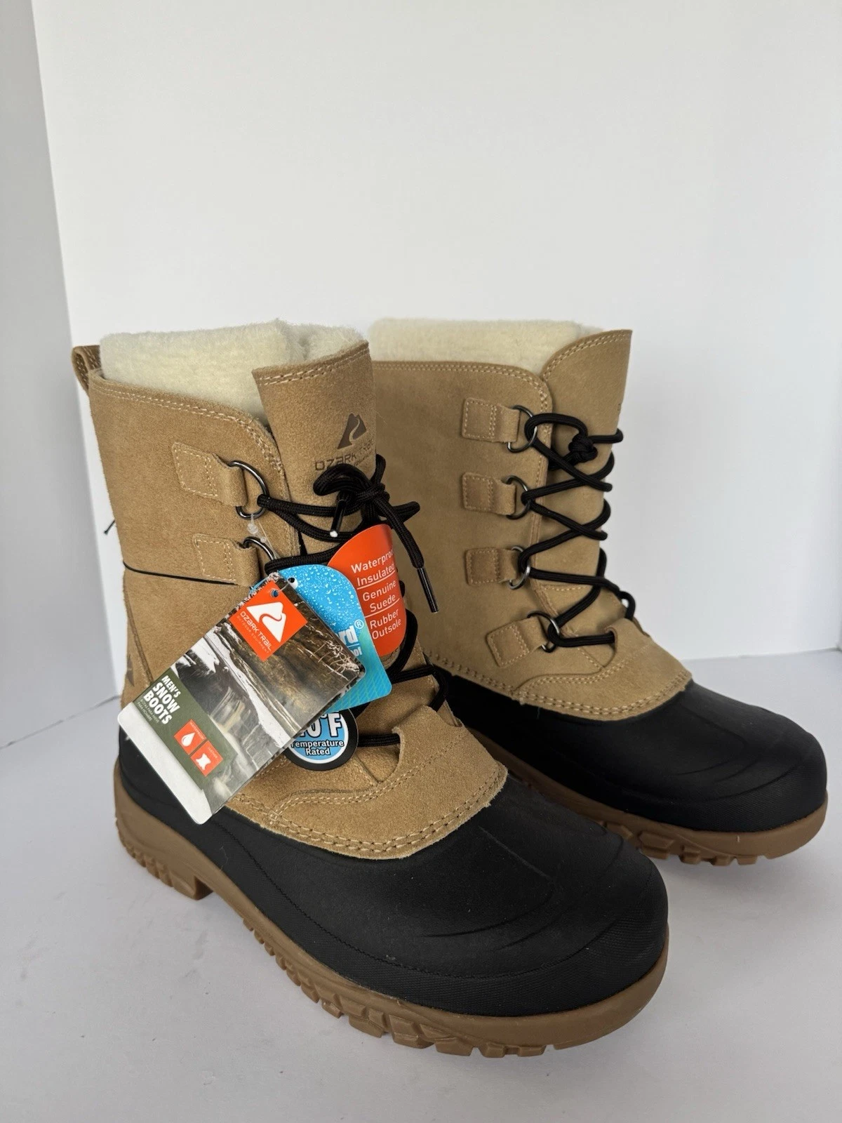 OZARK TRAIL SNOW BOOTS, SUEDE, 9M, INSULATED, WATERPROOF, REMOVABLE LINERS, $90