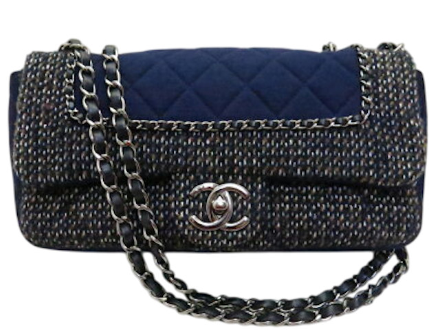 Bolso de hombro Chanel Matelasse cadena tweed azul marino y plateado accesori...