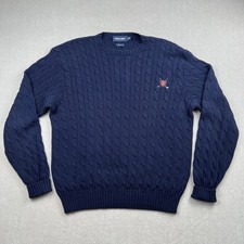VTG Polo Ralph Lauren Golf Sweater Mens XL Blue Cable Knit Crew Pullover Preppy