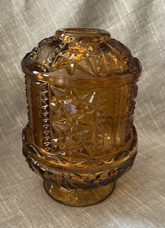 Vtg Indiana Glass Fairy Lamp Stars Bars Golden Amber 1970s 6” Tall Exc Cond