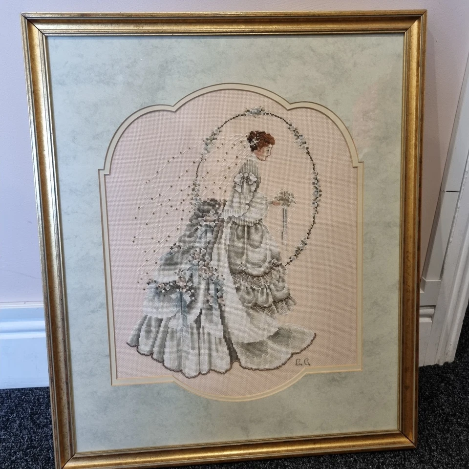 Marilyn Leavitt Lavender and Lace Cross Stitch The Bride Large Framed Completed  - Image 2 of 4