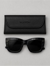 Valentino Black Croc-Embossed Square Sunglasses with Case