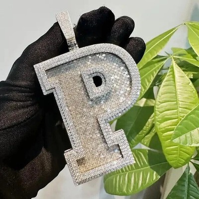 5.00Ct Round Cut Real Moissanite Custom Letter ''P'' Pendant 14K White Gold Plated