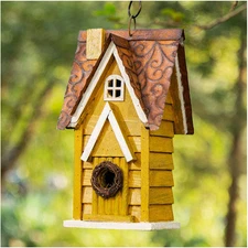 12" H Yellow Distressed Solid Wood Cottage Birdhouse Hanging Bird House for O...