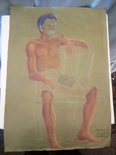 Vintage Sketch Painting Watercolor Hand Painted Man Seating Table Collectibles#4