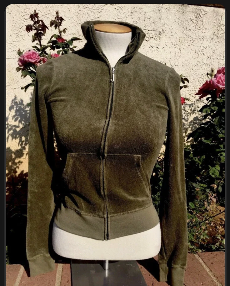 Vintage Y2K Juicy Couture Olive Green Terry Cloth Zip Up Track Jacket New XS Vtg