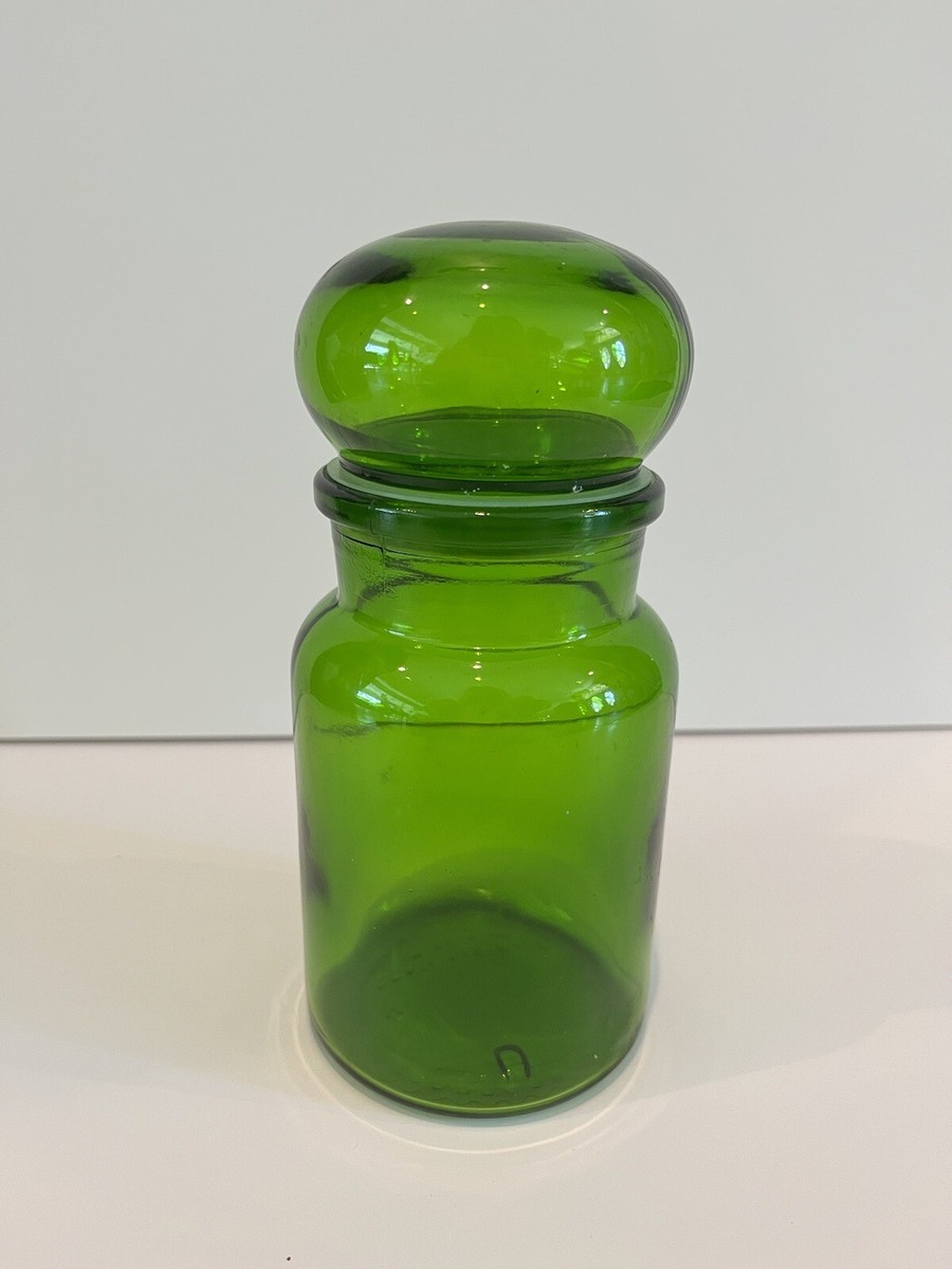 Vintage Apothecary Green Glass Jar Bubble Lid Container Made In Belgium 7”
