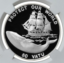 VANUATU 50 Vatu 1993 NGC PF69  Protect Our World - Ship & Whale  