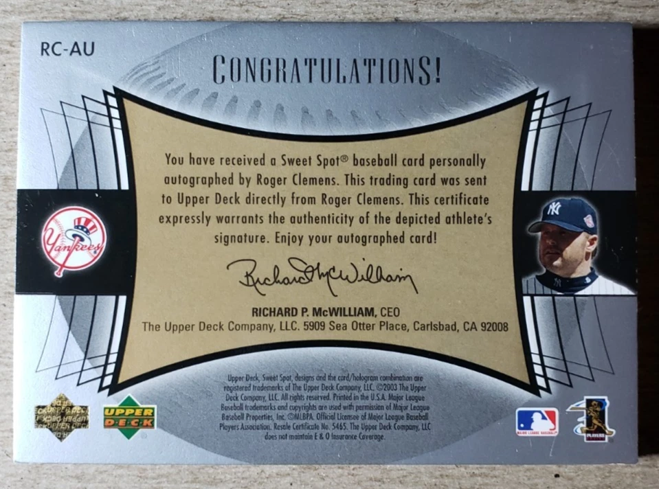 2003 Upper Deck Sweet Spot Roger Clemens Auto New York Yankees Autograph - Image 2 of 2