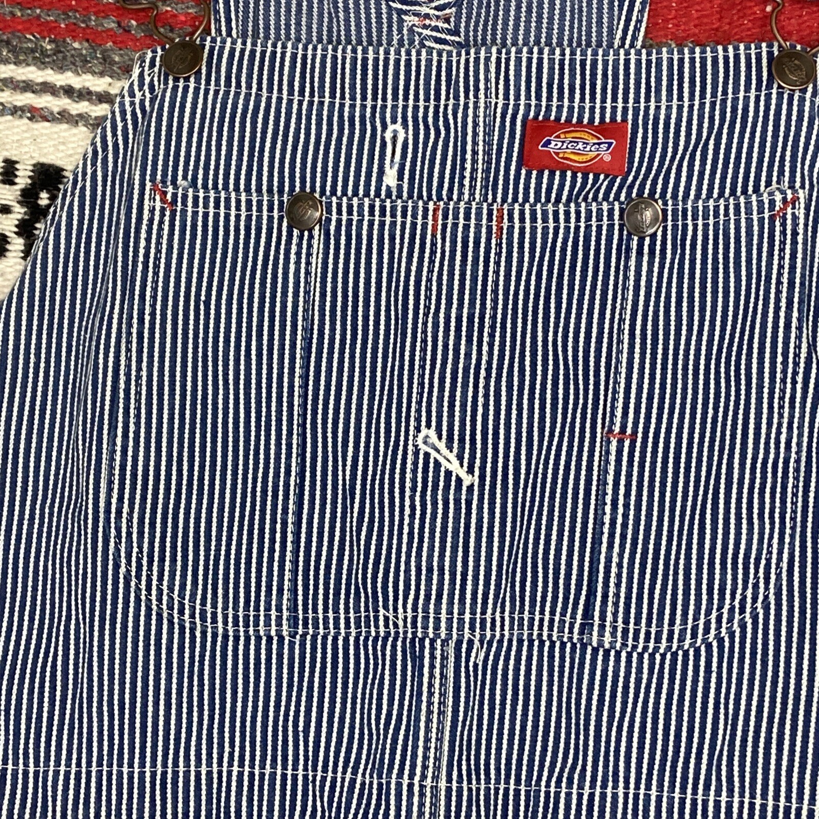Dickies Bib Overalls Mens Size 46x30 Blue Denim Carpenter Jean Pants Pin Stripe image 3