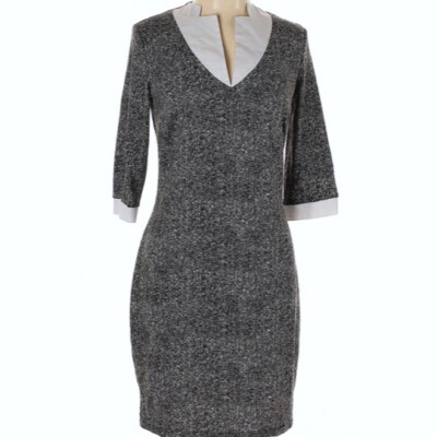 Numoco Women Casual Dress Black & White Contrast Collar and Cuffs V-Neck Medium