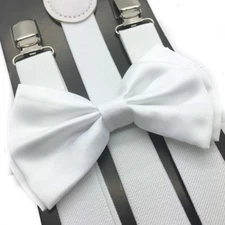 White Suspender and Bow Tie Set Wedding Tuxedo Formal for Adults Men Women (USA)