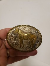 VTG Crumrine Horse Western Cowboy Gold Silver Belt Buckle Paint Pinto USA 70's
