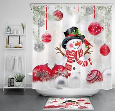 Cardinals Snowman Red Christmas Ball Shower Curtain Bathroom Accessories Set