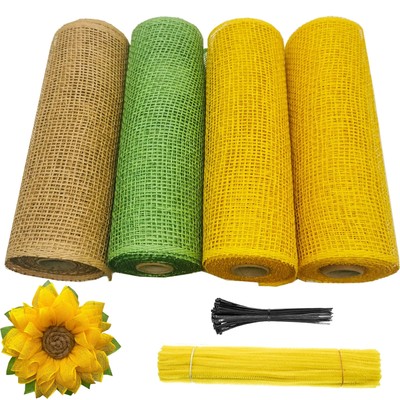 4 Rolls Poly Burlap Deco Mesh 10 inches Kit for DIY Front Door Sunflower Wrea...