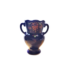 1960s Japanese Blue Hand Painted Ceramic Asian Floral Double Handled 6" Vase MCM