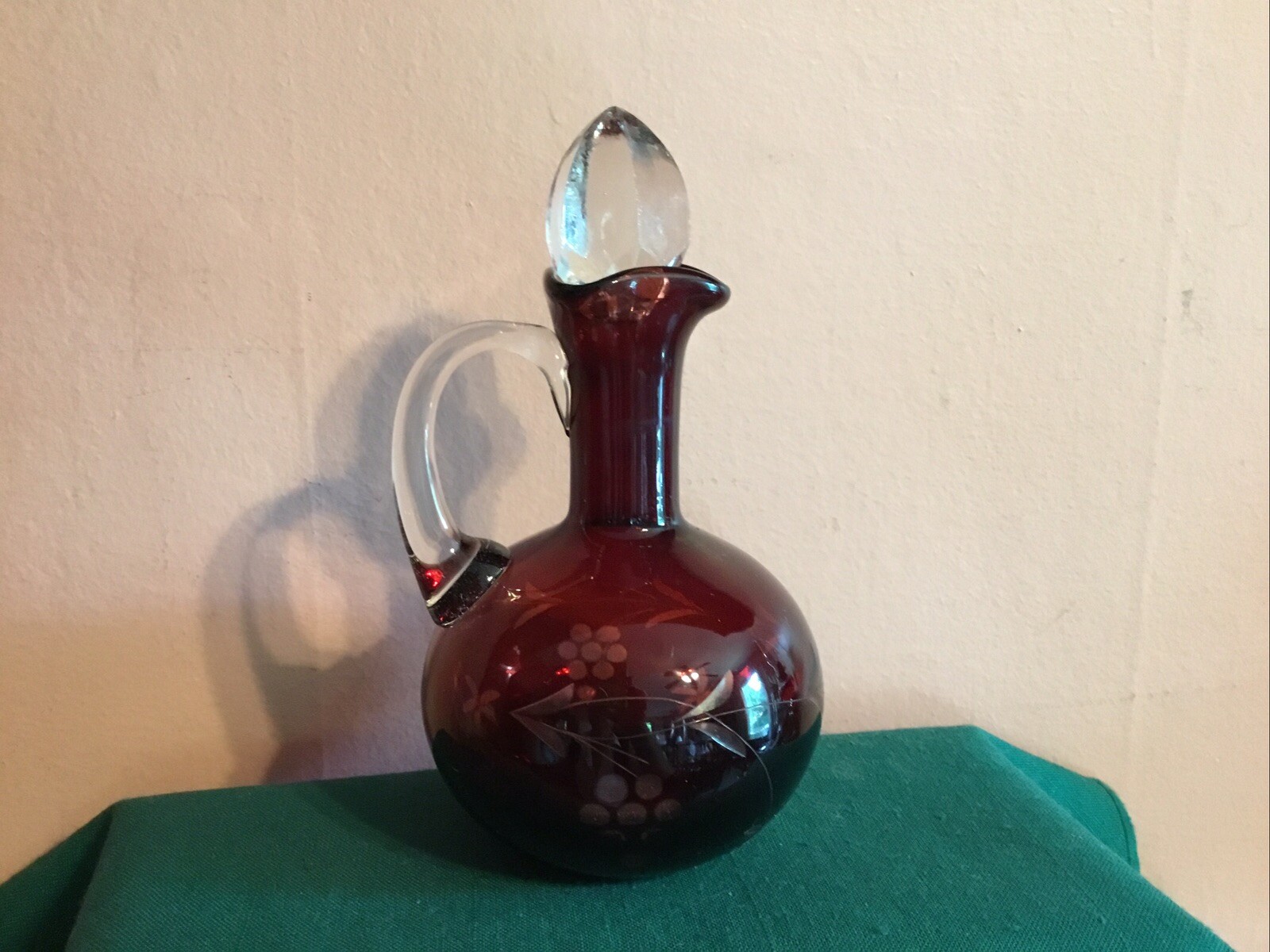 Vintage Czech Bohemian Ruby Red Cruet Crystal Syrup Dispenser  Etched Flower