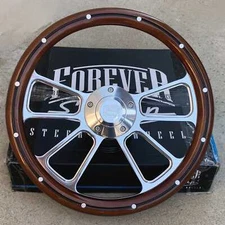 14" Billet 4 Spoke Steering Wheel Mahogany Wood Aluminum Rivets w/ Horn