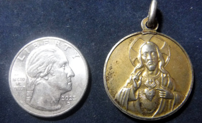 Scapular Medal Beautiful Vintage Catholic Large Gold Washed .800 Silver Medal